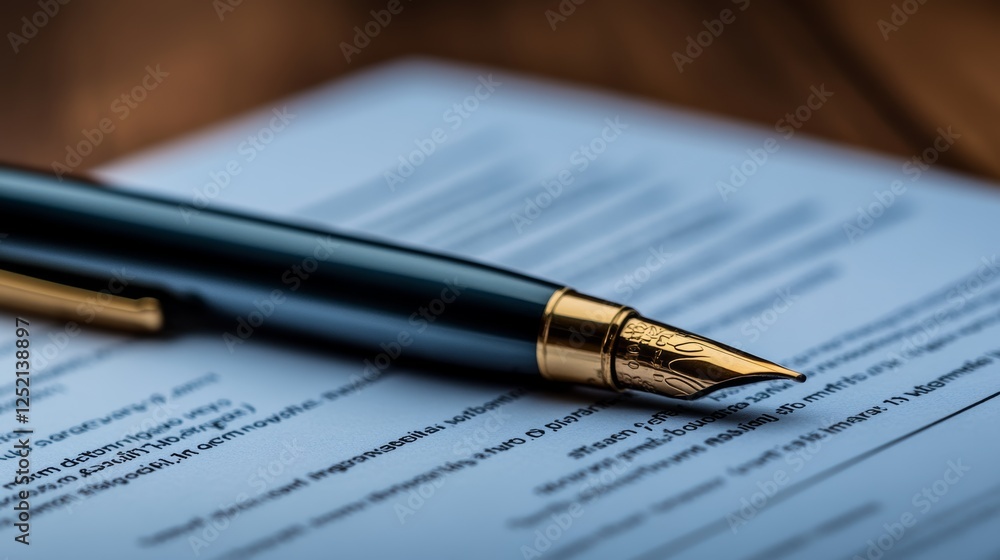 Elegant fountain pen resting on a formal document emphasizing professionalism and attention to detail in business affairs Elegant fountain pen resting on a formal document emphasizing professionalism and attention to detail in business affairs