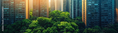 Modern cityscape with buildings covered in lush green trees photo