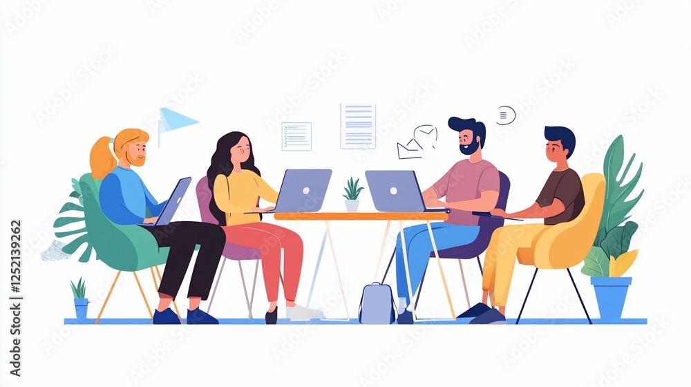 Four people using laptops at a desk, with plants and papers, in a bright space Four people using laptops at a desk, with plants and papers, in a bright space