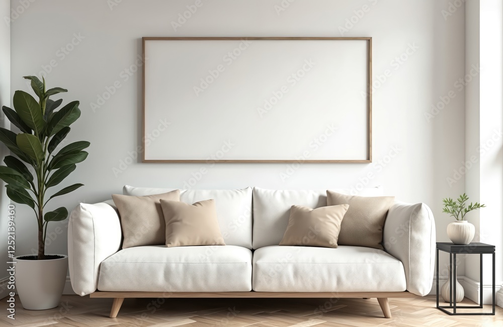 Blank horizontal poster frame mock up in minimal white style living room interior. Modern cozy design showcase for photo, image, artwork. Sleek style decor template.