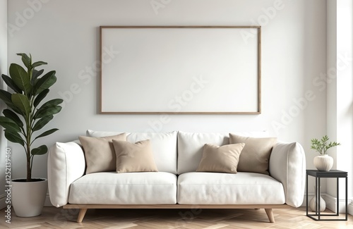 Blank horizontal poster frame mock up in minimal white style living room interior. Modern cozy design showcase for photo, image, artwork. Sleek style decor template.