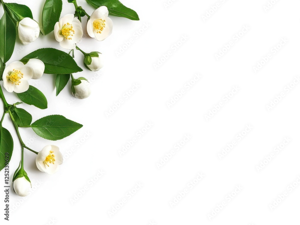 Obraz premium Realistic White Blossoms and Green Leaves Arrangement on Clean White Background for Artistic and Creative Projects