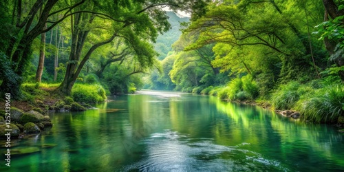 Serene river winding its way through dense foliage, flowing water