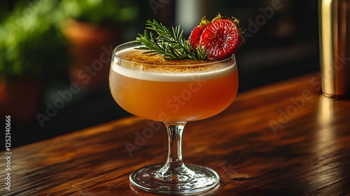 Elegant cocktail, strawberry garnish, bar setting, delicious drink, menu photo photo