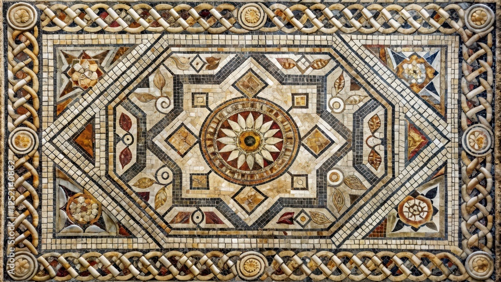Distressed stone marble mosaic floor with intricate geometric patterns and ornate details for a unique decorative element, marble, antique finish Distressed stone marble mosaic floor with intricate geometric patterns and ornate details for a unique decorative element, marble, antique finish
