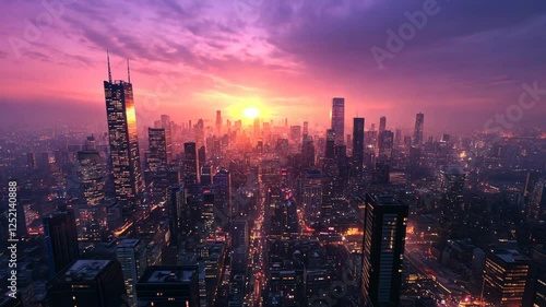 Wallpaper Mural A stunning aerial view of the city skyline at night, illuminated by vibrant lights and towering skyscrapers. The sky is painted with hues of purple Torontodigital.ca