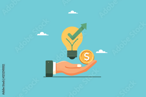 Investing for Success, A Businessman’s Hand Placing a Coin into a Growth Graph Lightbulb to Symbolize Financial Growth