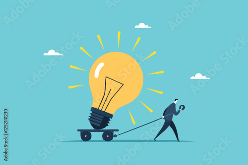 Turning Vision into Reality, A Determined Businessman Struggling to Move a Massive Lightbulb, Representing Innovation and Hard Work