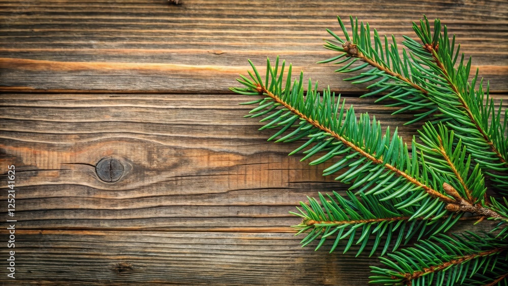 A spruce branch with dark green needles and brown bark is placed against a wooden background, highlighting its natural texture and foliage details , foliage, botanical A spruce branch with dark green needles and brown bark is placed against a wooden background, highlighting its natural texture and foliage details , foliage, botanical
