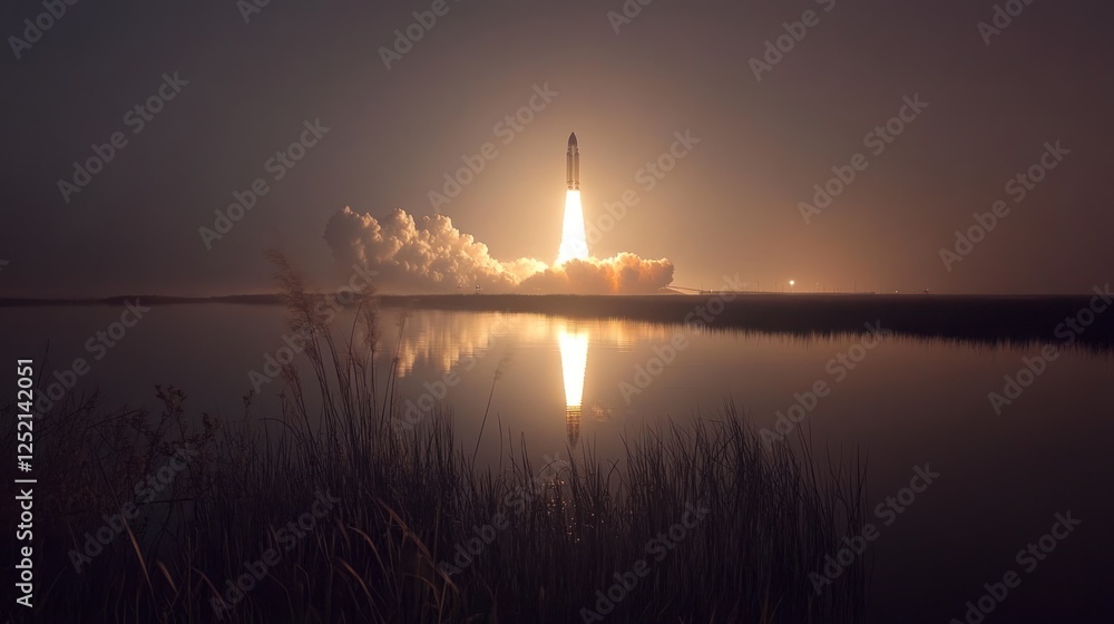 Fototapeta premium Rocket launch reflected in calm waters at night.