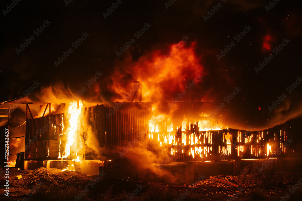 Exploding warehouse. Burning industrial building. Big blaze at night Exploding warehouse. Burning industrial building. Big blaze at night