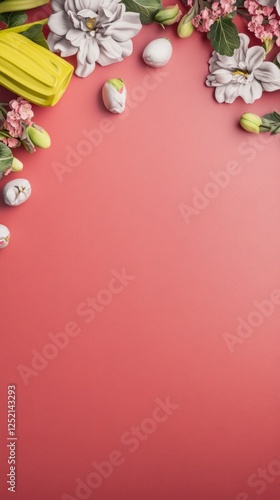 Bright and Colorful Spring Festival Background with Floral Elements and Decorative Eggs on Pink Surface