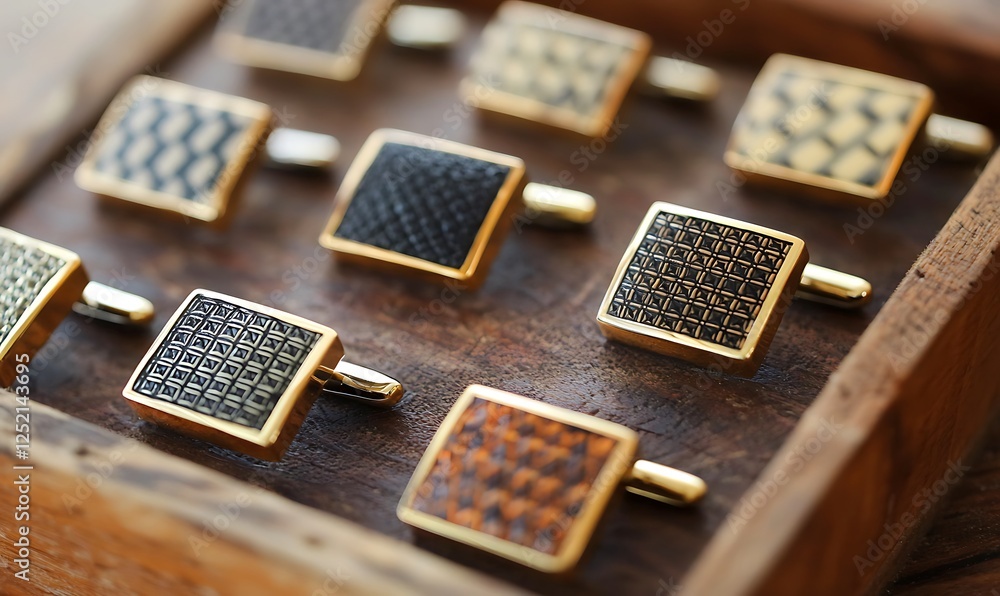 Geometric cufflinks displayed in a retro grid pattern Geometric cufflinks displayed in a retro grid pattern