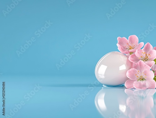 Spring Freshness with Cherry Blossom and White Egg on Blue Background for Nature and Seasonal Inspiration