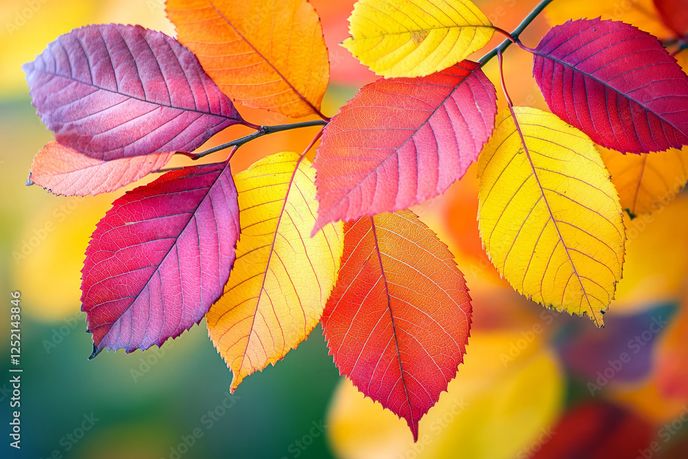 Fototapeta premium Vibrant autumn leaves in a mix of pink, purple, yellow, and orange hues with detailed vein patterns