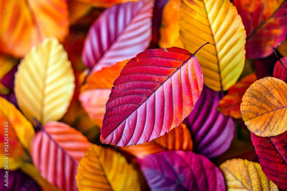 Obraz premium Vibrant autumn leaves in a mix of pink, purple, yellow, and orange hues with detailed vein patterns