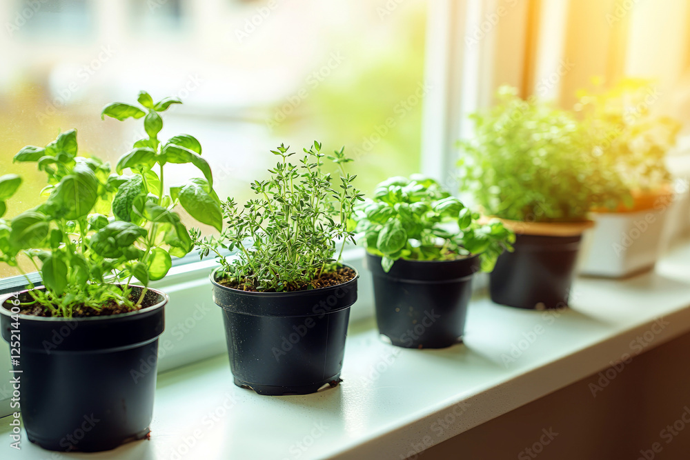Fresh green herbs growing in terracotta pots on a sunlit windowsill Fresh green herbs growing in terracotta pots on a sunlit windowsill