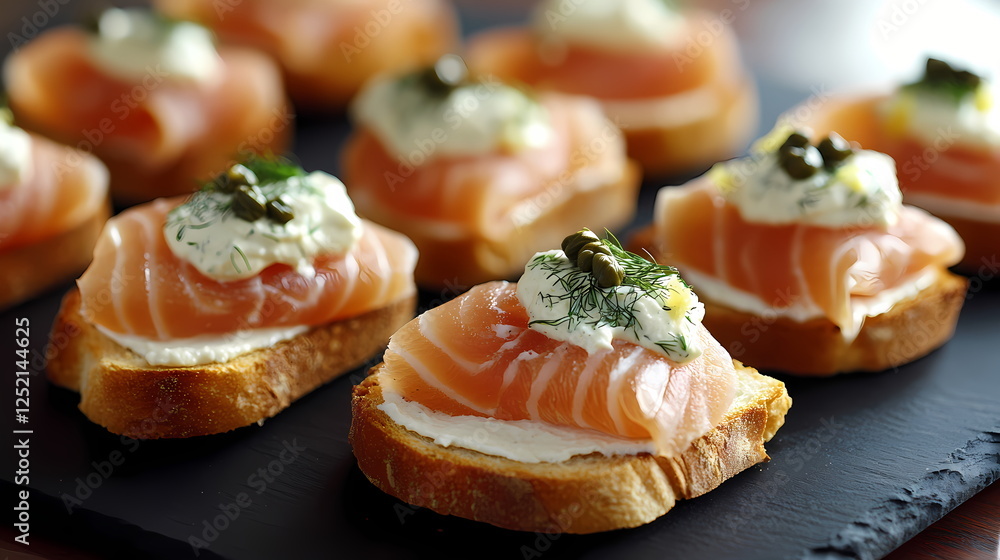 Smoked salmon canapes with cream cheese, capers, and dill on toasted baguette