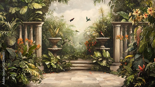 Classic Roman garden mural featuring exotic birds, flowers, and lush greenery in a serene setting