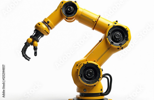 Yellow industrial robot arm isolated on white background. Automation machinery equipment high tech robotic engineering precision. Modern factory innovation production hardware control manipulator for photo