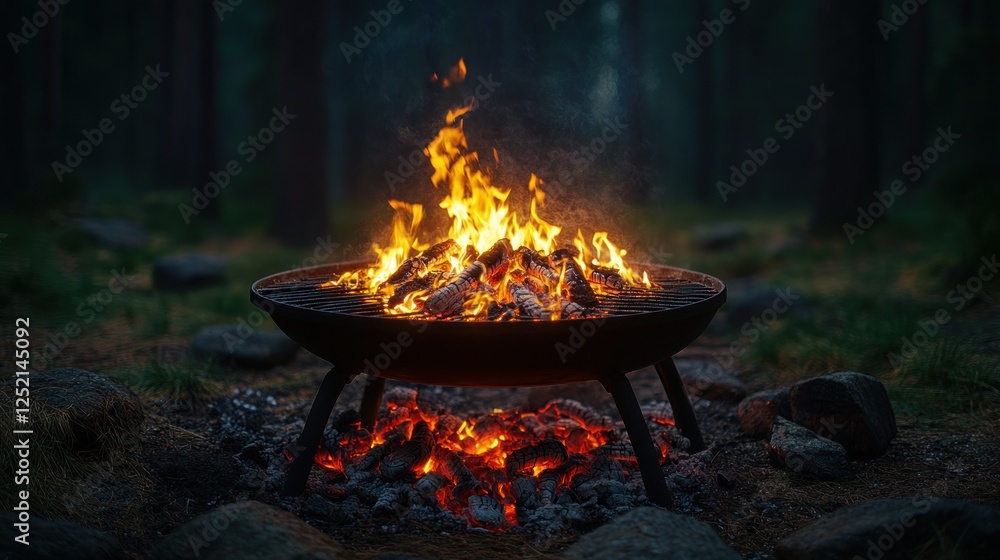 Campfire burning brightly in a dark forest.