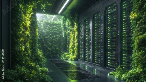 Eco-Friendly Data Center Interior with Greenery and Sustainable Technology for Efficient Server Management photo