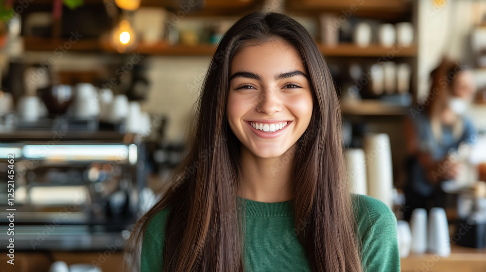 Smiling Young Woman in Coffee Shop Posing for Ultra-Realistic Portrait Smiling Young Woman in Coffee Shop Posing for Ultra-Realistic Portrait