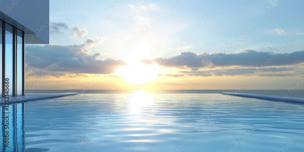 Fototapeta premium Simple minimal style peaceful modern tranquil view of a country villa outdoor pool against a sunset sky. The sun is reflected in the calm water
