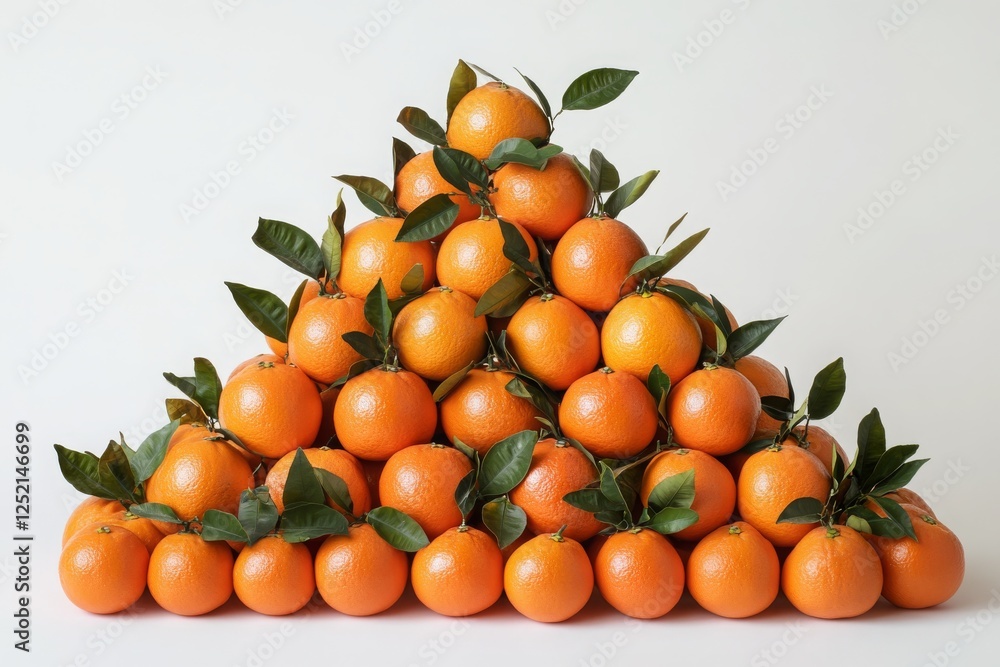 Fresh and Juicy Oranges Stacked in a Pyramid Arrangement with Green Leaves on a White Background Perfect for Healthy Food and Juicing Concepts Fresh and Juicy Oranges Stacked in a Pyramid Arrangement with Green Leaves on a White Background Perfect for Healthy Food and Juicing Concepts