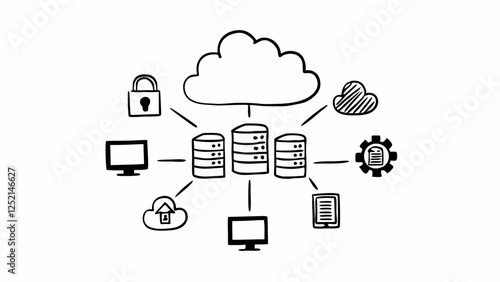 Hand-drawn illustration of a secure cloud-based data storage system.
