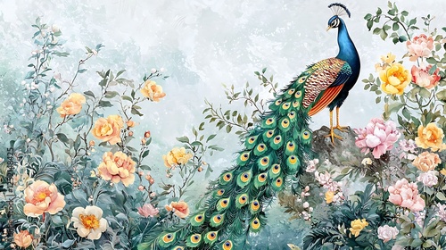 Classical botanical illustration mural with a peacock gracefully surrounded by blooming flowers and garden foliage