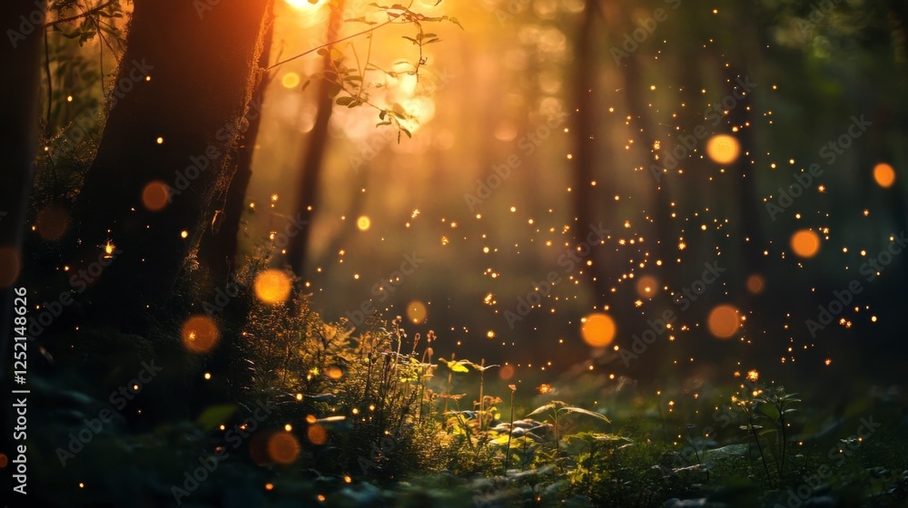 Fototapeta premium Enchanted Forest: Golden Light and Fireflies