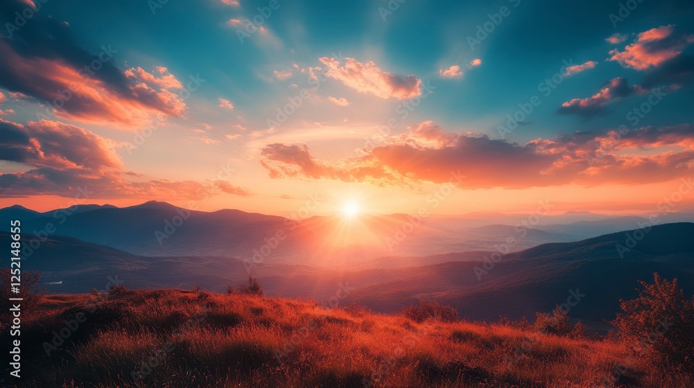 Sunlit Mountain Horizon: A Golden Landscape at Sunset Sunlit Mountain Horizon: A Golden Landscape at Sunset