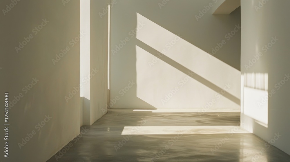 Obraz premium Warm minimalist studio natural light casts long serene shadows on plain white walls and smooth concrete floors.