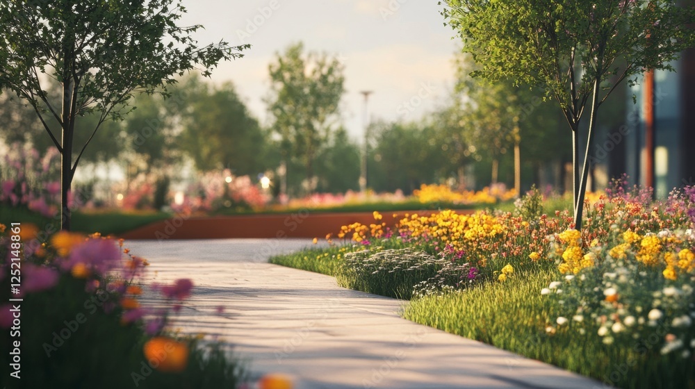 Fototapeta premium Serene Park Walkway with Vibrant Wildflowers in Bloom