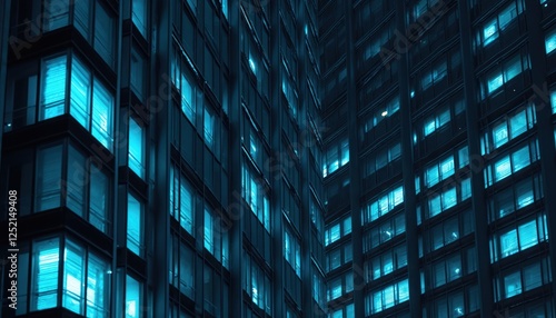 Wallpaper Mural Seamless skyscraper facade with blue tinted windows at night. Modern abstract office building with glowing lights against dark exterior walls. Urban cityscape. Real estate wallpaper texture. Torontodigital.ca