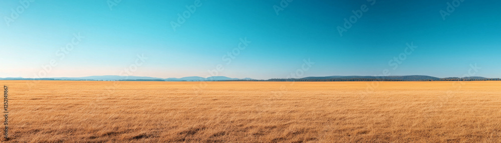 Golden grassland under clear blue sky with distant mountains Golden grassland under clear blue sky with distant mountains