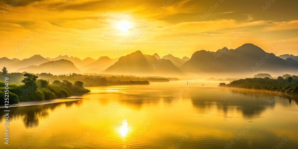 Naklejka premium Sunrise over vast Yellow River landscape with misty mountains and calm water , riverbank, rivers, riverbank, rivers