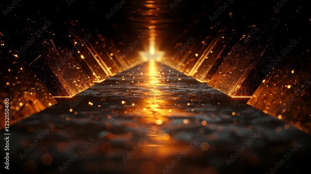 Obraz premium Golden Illuminated Tunnel with Geometric Patterns and Sparkling Bokeh Effect, Abstract Background