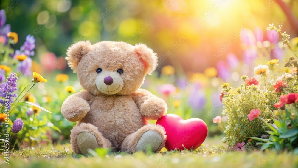 A soft and cuddly pastel-colored teddy bear cradles a delicate heart-shaped object surrounded by vibrant flowers in a whimsical garden setting, animal, flowers A soft and cuddly pastel-colored teddy bear cradles a delicate heart-shaped object surrounded by vibrant flowers in a whimsical garden setting, animal, flowers