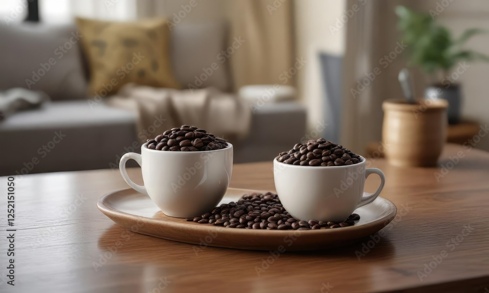 Coffee beans in a small ceramic container on a coffee table next to a coffee cup, present, coffee beans Coffee beans in a small ceramic container on a coffee table next to a coffee cup, present, coffee beans
