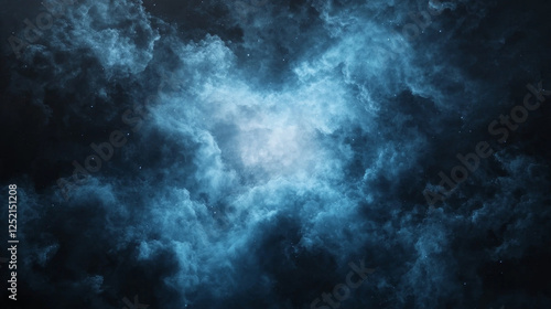 Mysterious blue nebula with swirling clouds and stars in background