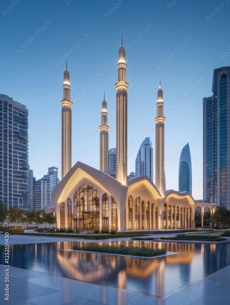 Obraz premium Majestic mosque with towering minarets illuminated at dusk amidst a modern city skyline
