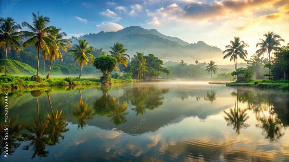 Obraz premium serene lake view at dawn with misty water reflecting Bali's lush green hills and palm trees in the background , peaceful lake scenery, serene atmosphere