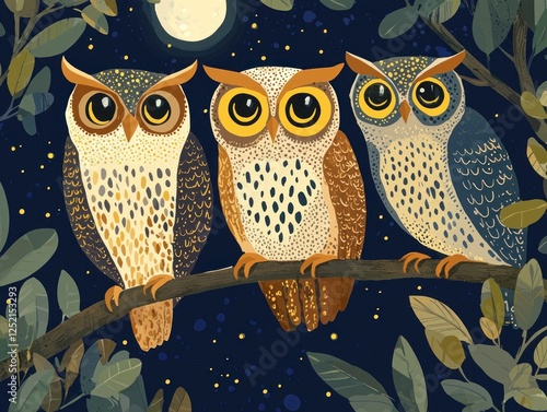 Illustrated poster exotic owls with stylized geometric eyes perched under a crescent moon, Swiss minimalism