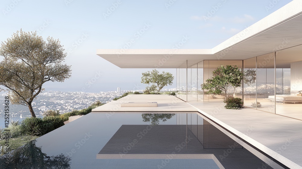 Fototapeta premium Modern villa overlooking ocean; infinity pool, tranquil scene; luxury real estate