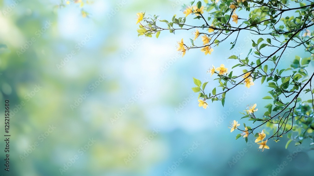 Branch with bright yellow flowers in natural setting against a soft focus background Branch with bright yellow flowers in natural setting against a soft focus background