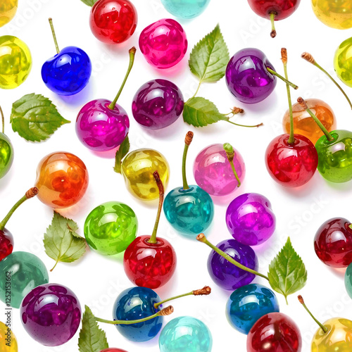 glass cherries of different colors on white background.
Seamless pattern.AI generated