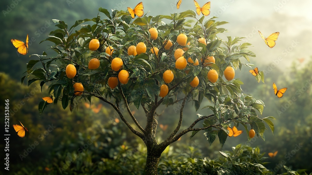 Lush citrus tree, butterflies, misty forest background; nature, tranquility, abundance Lush citrus tree, butterflies, misty forest background; nature, tranquility, abundance