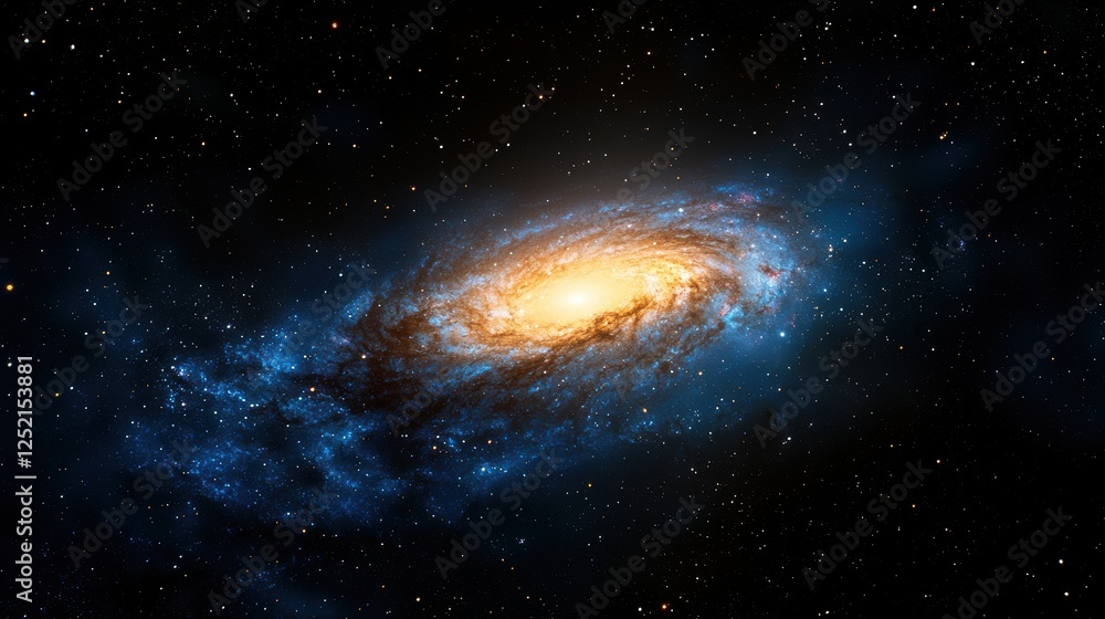 Fototapeta premium Galaxy with a bright blue star at the center surrounded by cosmic elements in outer space